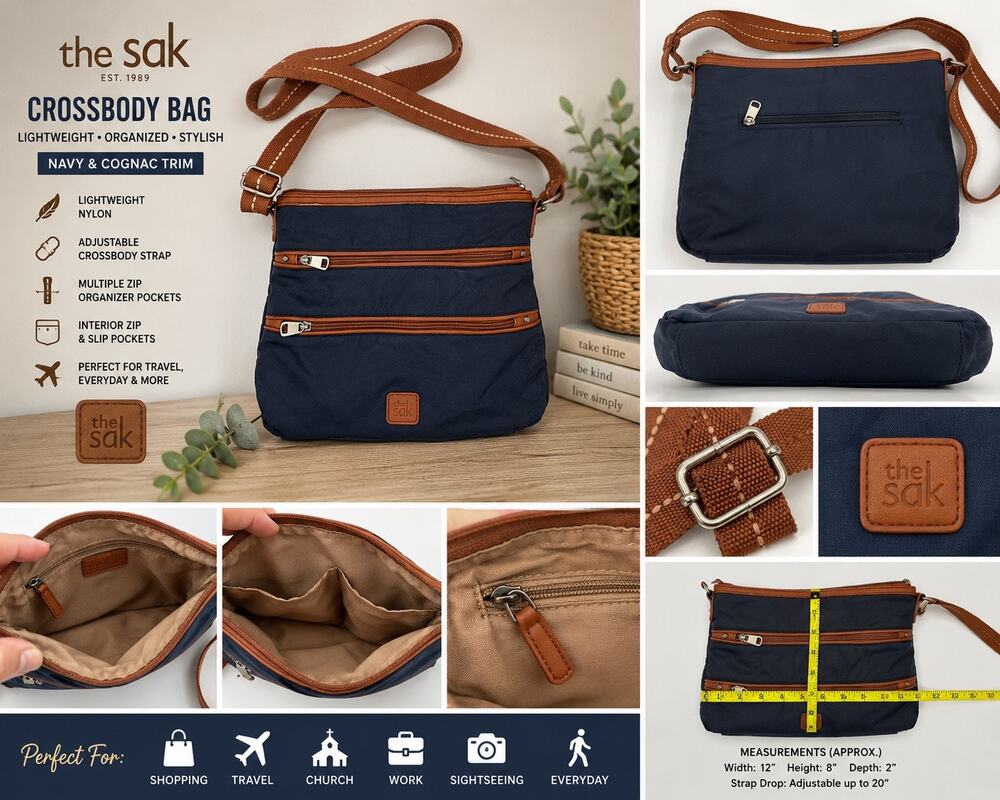 The Sak Navy Nylon Crossbody Bag Cognac Trim Travel Organizer Lightweight Purse